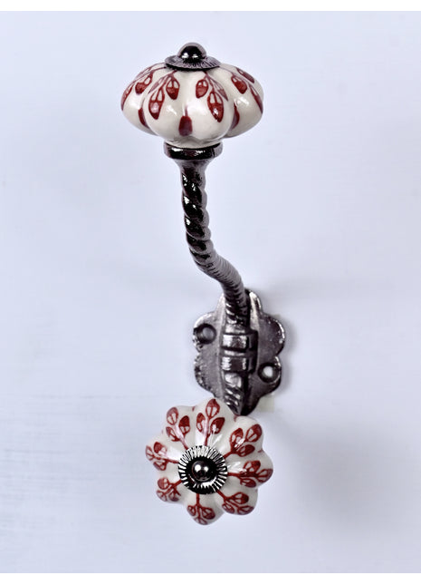 Red design Off White Base Ceramic Knob With Metal Wall Hanger