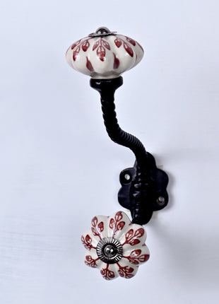Red design On White Base Ceramic Knob With Metal Wall Hanger