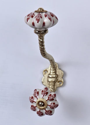 Red design On White Base Ceramic Knob With Metal Wall Hanger