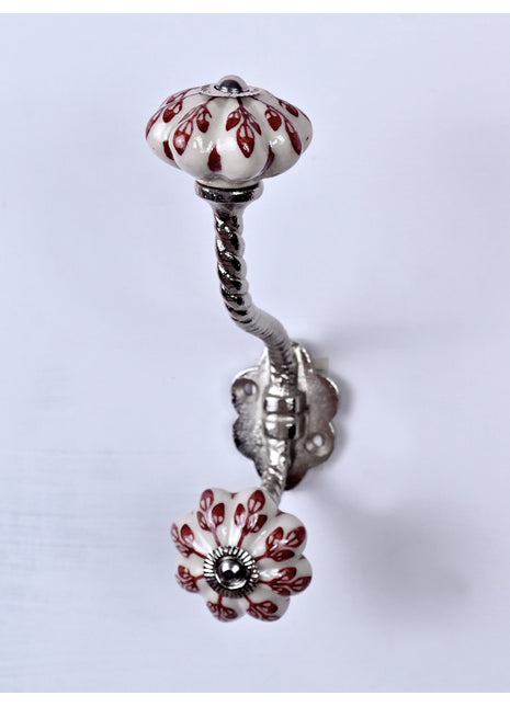 Red design Off White Base Ceramic Knob With Metal Wall Hanger