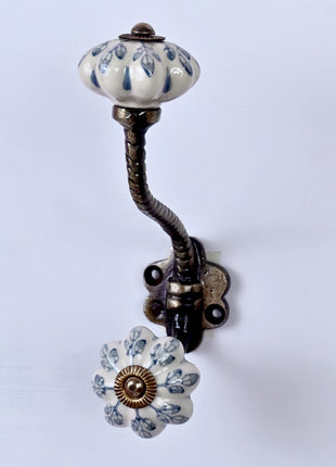 Flower design On White Base Ceramic Knob With Metal Wall Hanger