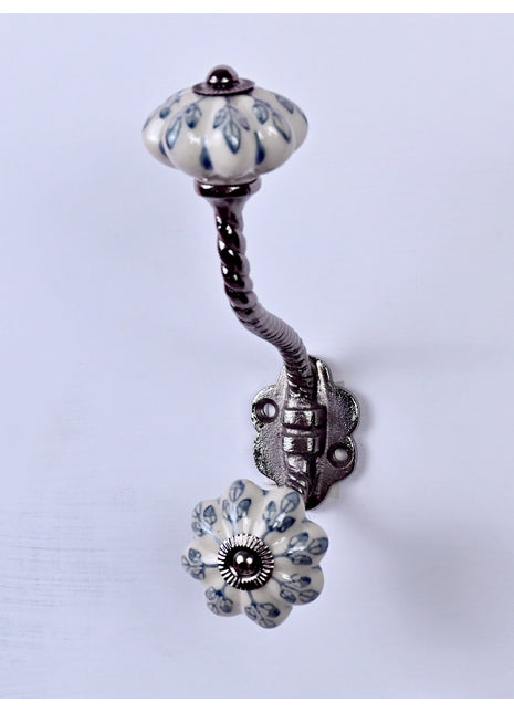 Flower design Off White Base Ceramic Knob With Metal Wall Hanger