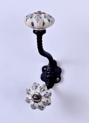 Flower design On White Base Ceramic Knob With Metal Wall Hanger