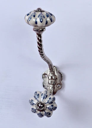 Flower design On White Base Ceramic Knob With Metal Wall Hanger