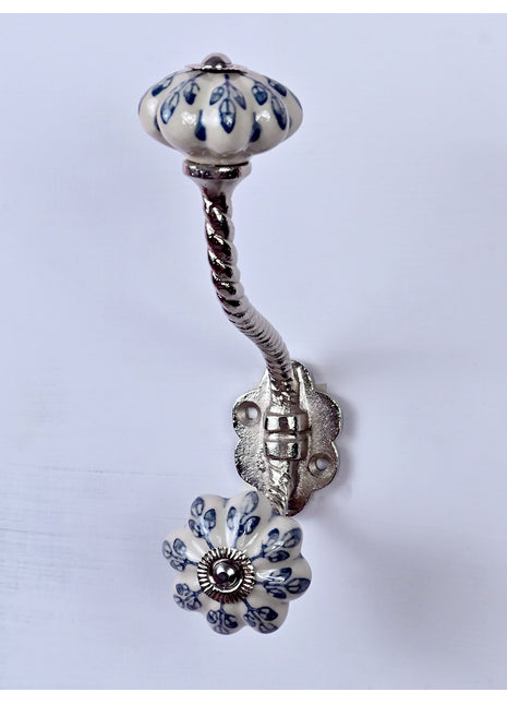 Flower design Off White Base Ceramic Knob With Metal Wall Hanger