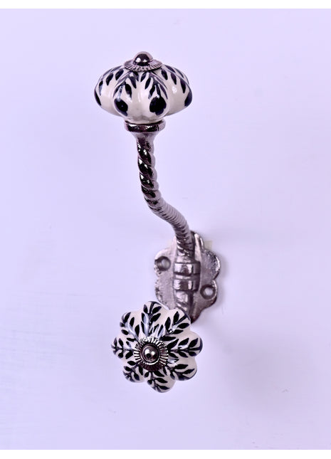 Black Design Off White Base Ceramic Knob With Metal Wall Hanger