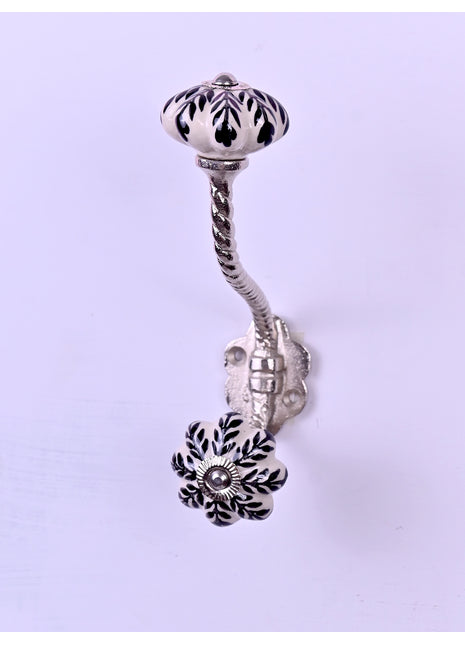 Black Design Off White Base Ceramic Knob With Metal Wall Hanger