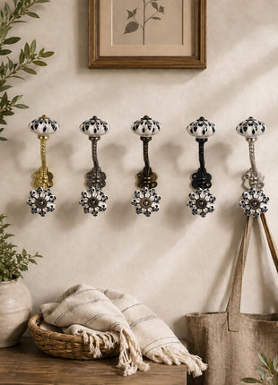 Black Flower Design Off White Base Ceramic Knob With Metal Wall Hanger