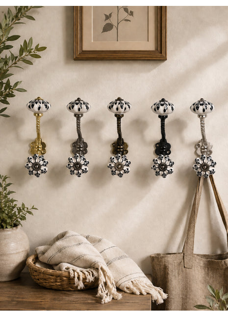 Black Flower Design Off White Base Ceramic Knob With Metal Wall Hanger