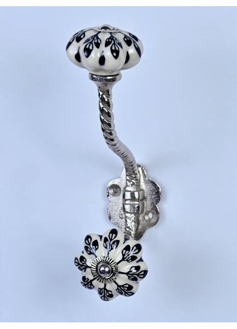 Black Flower Design Off White Base Ceramic Knob With Metal Wall Hanger