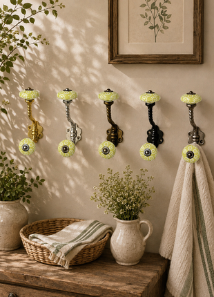 Lime Yellow Ceramic Knob With Metal Wall Hanger