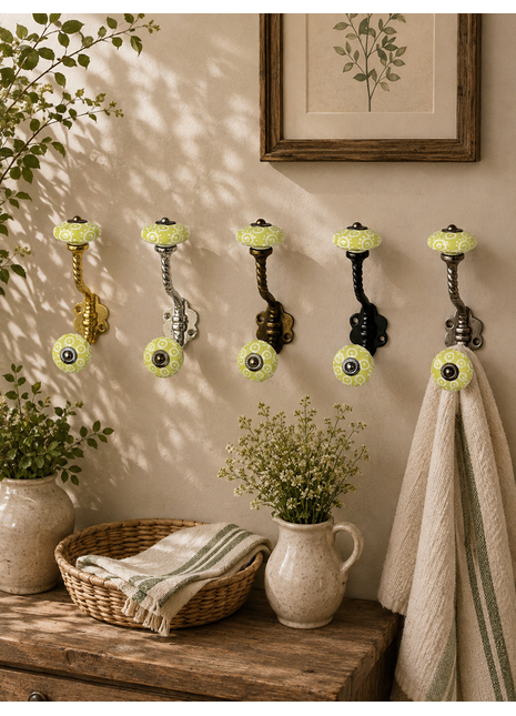 Lime Yellow Ceramic Knob With Metal Wall Hanger