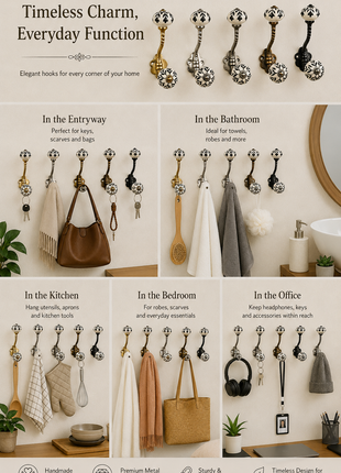 Stylish White Ceramic Black Leaves Knob With Metal Wall Hanger