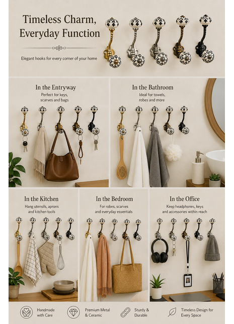 Stylish White Ceramic Black Leaves Knob With Metal Wall Hanger