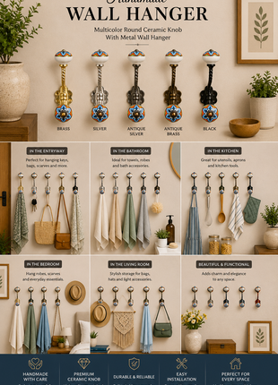 Multicolor Round Ceramic Knob With Metal Wall Hanger