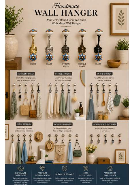 Multicolor Round Ceramic Knob With Metal Wall Hanger