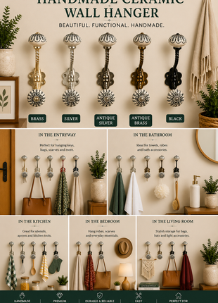 White Ceramic Knob Black Print With Metal Wall Hanger