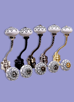 White Ceramic Knob Black Multi-Floral Layer With Metal Wall Hanger