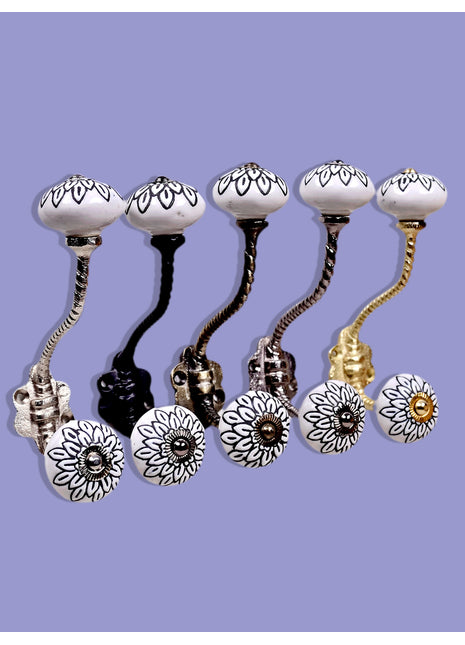 White Ceramic Knob Black Multi-Floral Layer With Metal Wall Hanger