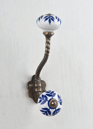 White Ceramic Drawer Cabinet Knob With Blue Petals Knob & Hanger Bundle – Decorative Closet Hardware Set
