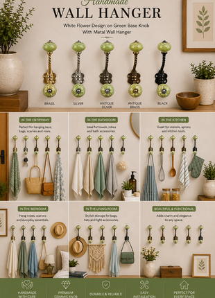White Flower Design on Green Base Knob With Metal Wall Hanger
