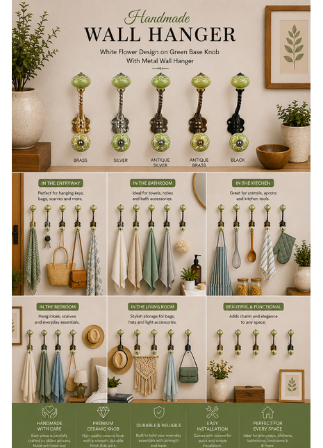 White Flower Design on Green Base Knob With Metal Wall Hanger