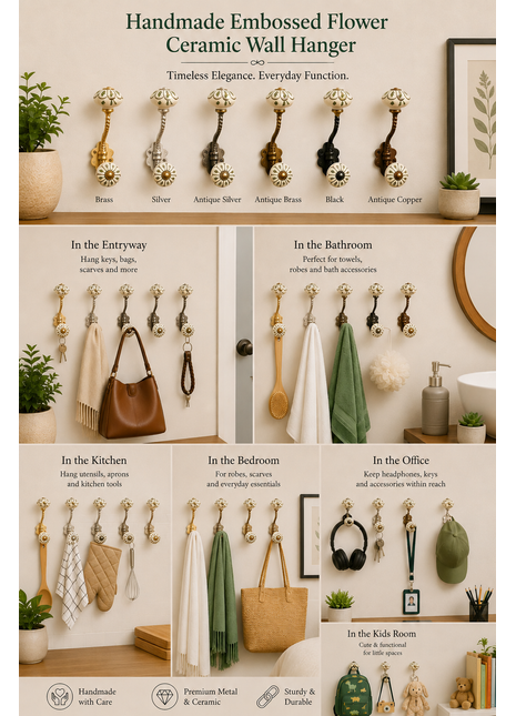 Embossed Flower Design with Green Color on Off white Base Knob With Metal Wall Hanger