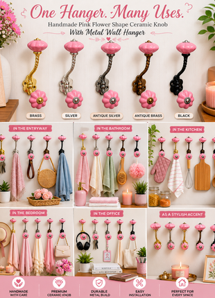 Handmade Pink Flower Shape Knob With Metal Wall Hanger