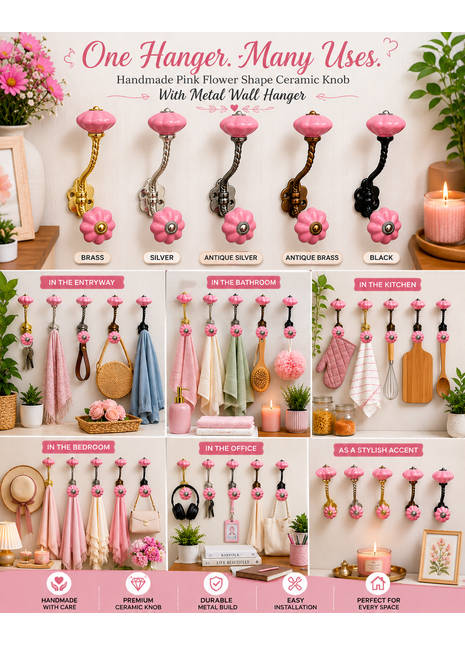 Handmade Pink Flower Shape Knob With Metal Wall Hanger