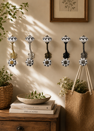 Beautiful Design On White Background Color Ceramic Knob With Metal Wall Hanger