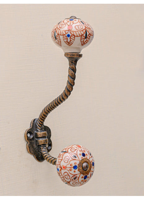 Brown Design On White Ceramic Cabinet Knob With Metal Wall Hanger