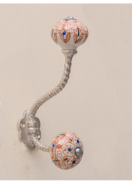 Brown Design On White Ceramic Cabinet Knob With Metal Wall Hanger