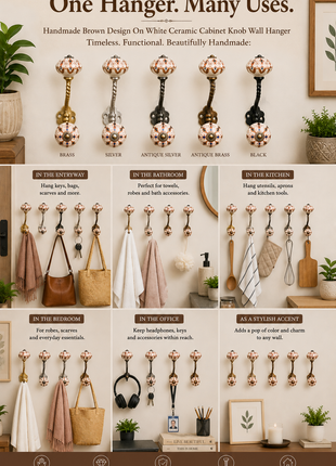 Brown Design On White Ceramic Cabinet Knob With Metal Wall Hanger