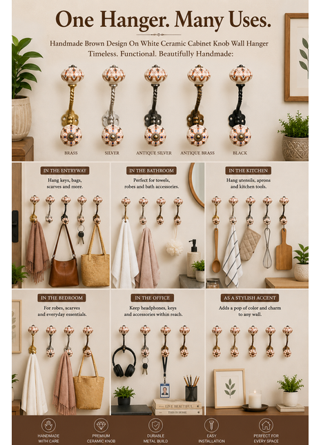 Brown Design On White Ceramic Cabinet Knob With Metal Wall Hanger