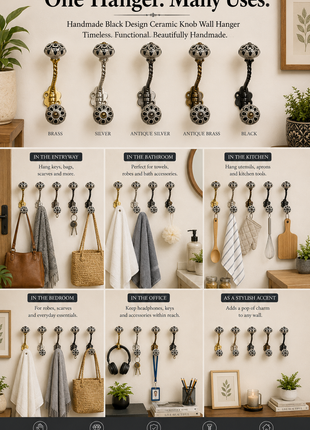 Black Design Ceramic Cabinet Knob With Metal Wall Hanger