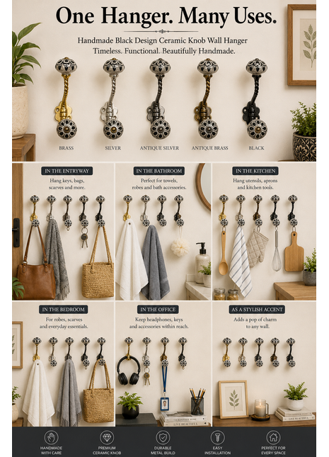 Black Design Ceramic Cabinet Knob With Metal Wall Hanger
