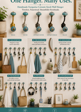 Turquoise Color Ceramic Knob - Metal Wall Hanger