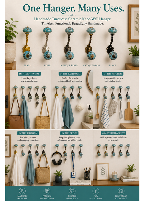 Turquoise Color Ceramic Knob - Metal Wall Hanger