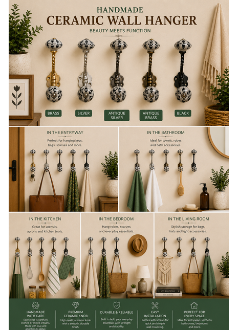 Black Leaf Design Knob With Metal Wall Hanger