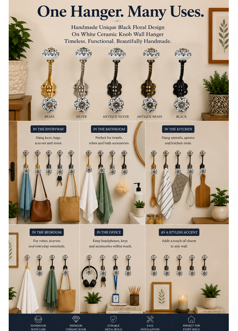 Unique Black Floral Design On White Ceramic Knob With Metal Wall Hanger