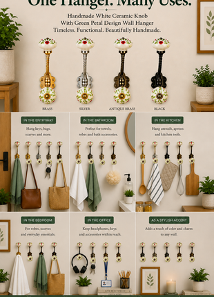 White Ceramic Knob Green Petal Design With Metal Wall Hanger