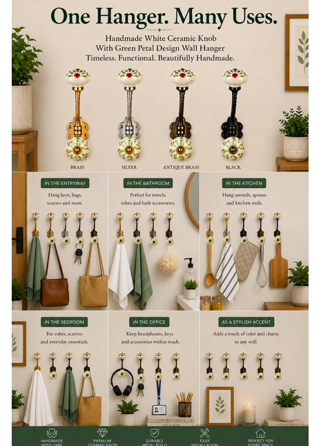 White Ceramic Knob Green Petal Design With Metal Wall Hanger