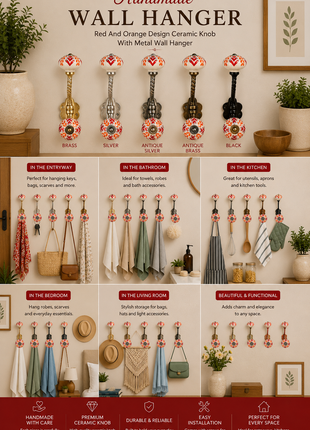 Red And Orange Design Ceramic Knob With Metal Wall Hanger