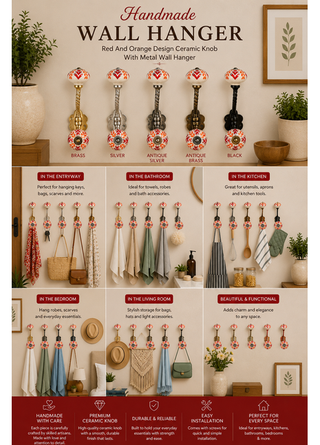 Red And Orange Design Ceramic Knob With Metal Wall Hanger