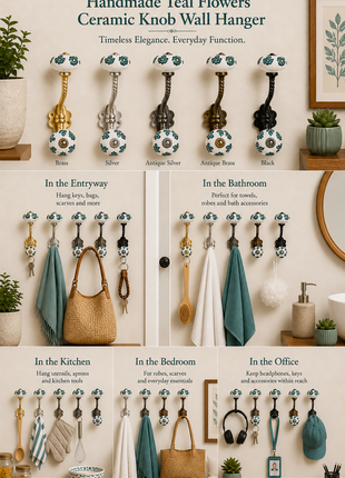 Teal Color Flowers And Petals On White Ceramic Knob With Metal Wall Hanger