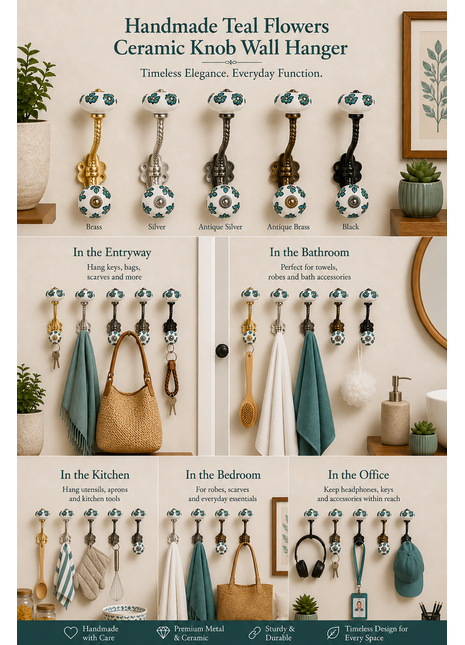 Teal Color Flowers And Petals On White Ceramic Knob With Metal Wall Hanger