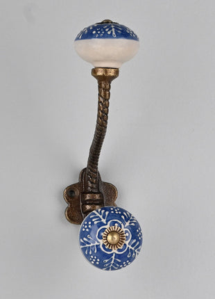 Blue And White Ceramic Knob White Embossed Design With Metal Wall Hanger