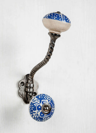 Blue And White Ceramic Knob White Embossed Design With Metal Wall Hanger