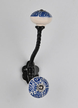 Blue And White Ceramic Knob White Embossed Design With Metal Wall Hanger