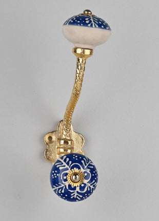 Blue And White Ceramic Knob White Embossed Design With Metal Wall Hanger